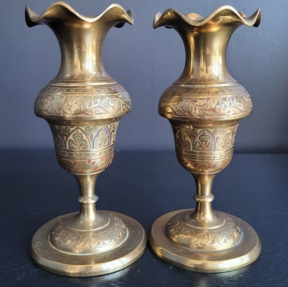 Vintage Ornate Brass Candlestick Candle Holders - Set of 2 Vase Shape Bases 6" - Picture 2 of 6